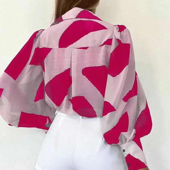 Hot Pink Casual Women's Geometric Print Lantern Sleeve Single-Breasted Shirt - Picture 2 of 7